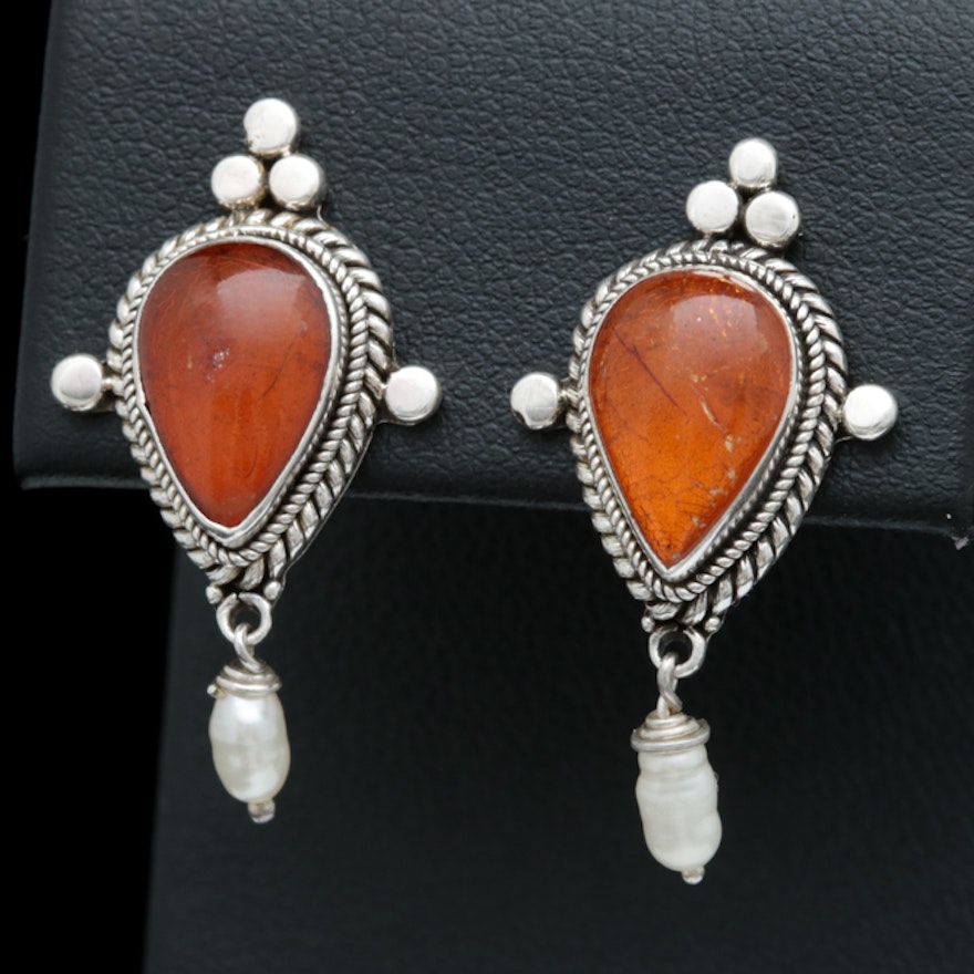 Sterling Silver, Amber and Freshwater Pearl Earrings