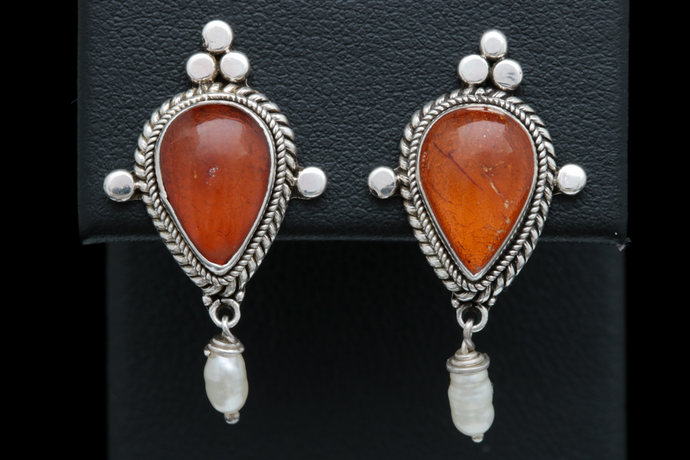 Sterling Silver, Amber and Freshwater Pearl Earrings