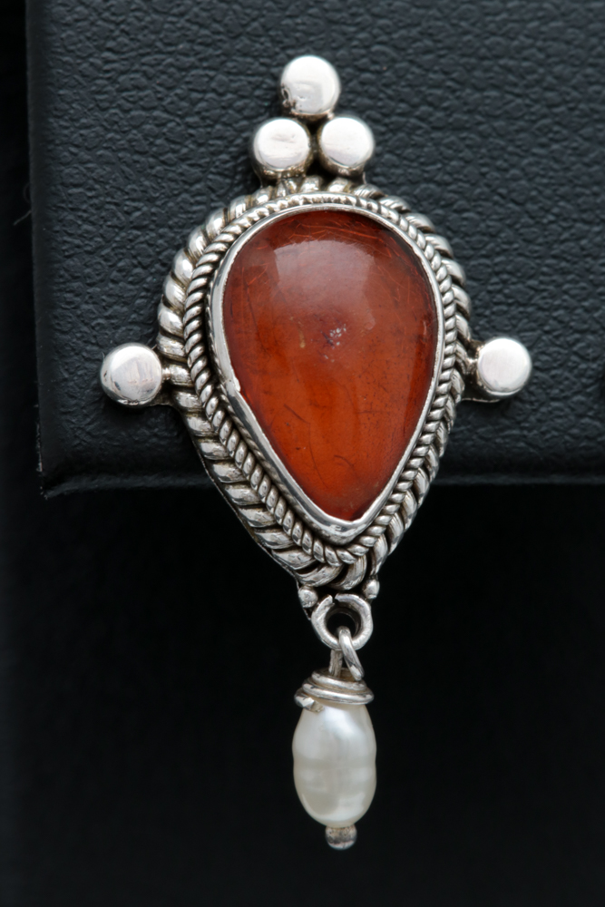 Sterling Silver, Amber and Freshwater Pearl Earrings