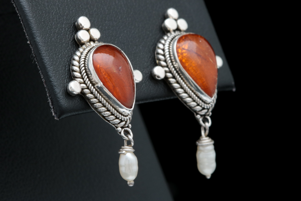 Sterling Silver, Amber and Freshwater Pearl Earrings