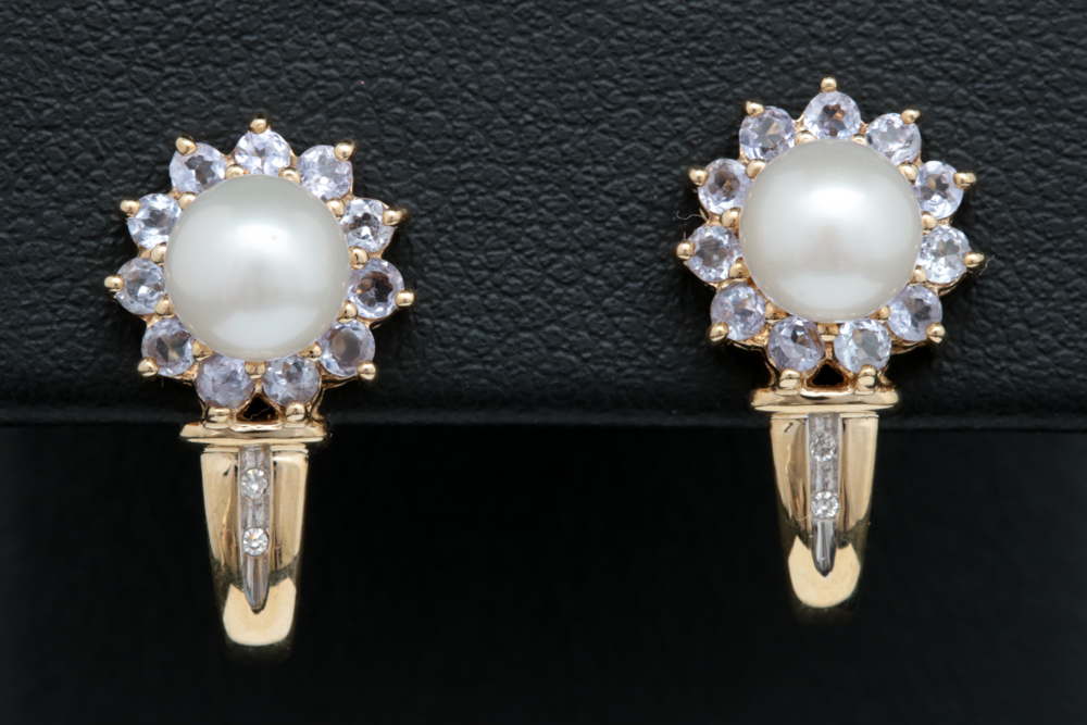 10K Yellow Gold, Pearl, Tanzanite and Diamond Earrings
