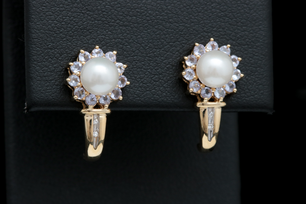 10K Yellow Gold, Pearl, Tanzanite and Diamond Earrings