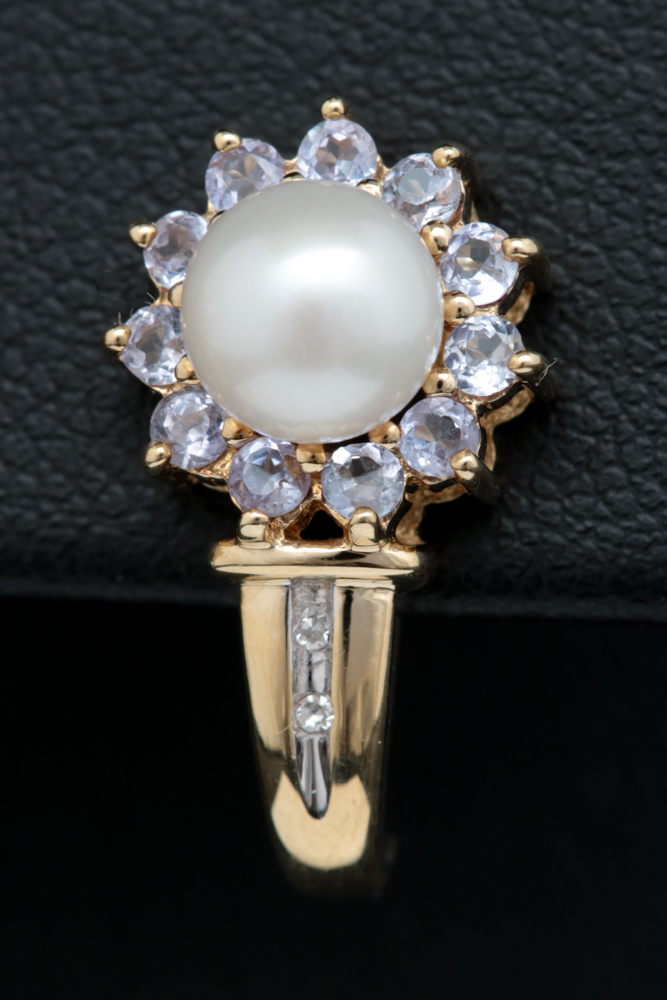 10K Yellow Gold, Pearl, Tanzanite and Diamond Earrings