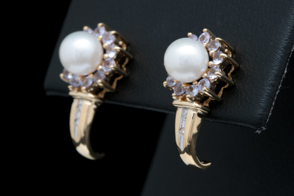 10K Yellow Gold, Pearl, Tanzanite and Diamond Earrings