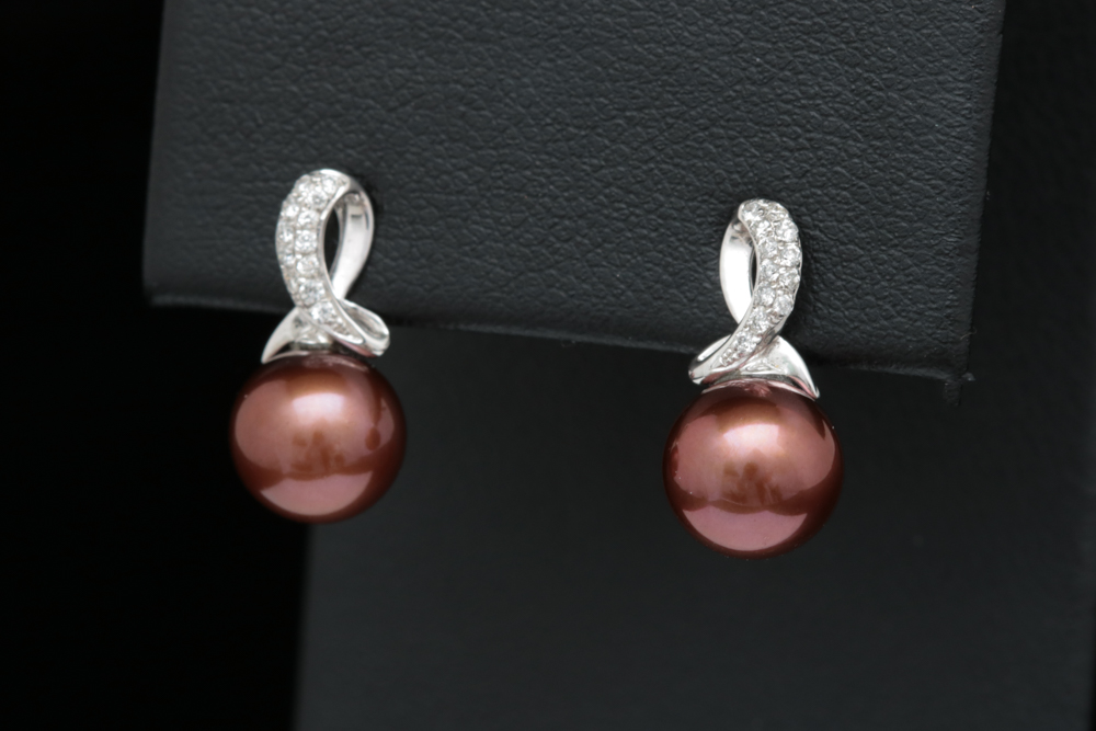 14K White Gold, Brown Freshwater Pearl and Diamond Drop Earrings