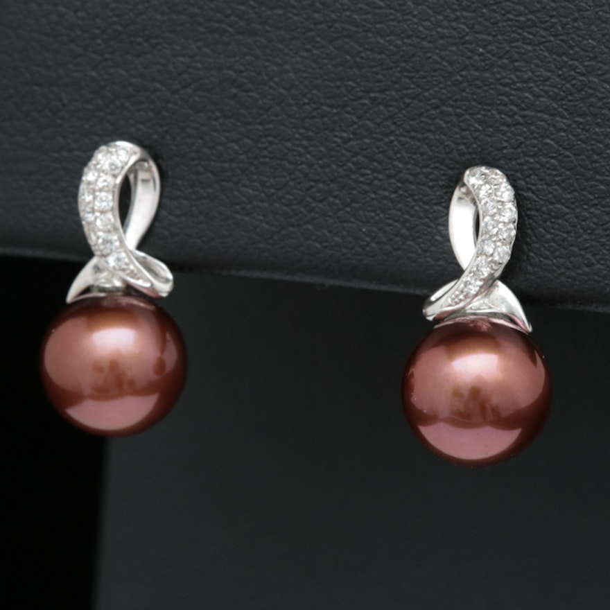 14K White Gold, Brown Freshwater Pearl and Diamond Drop Earrings