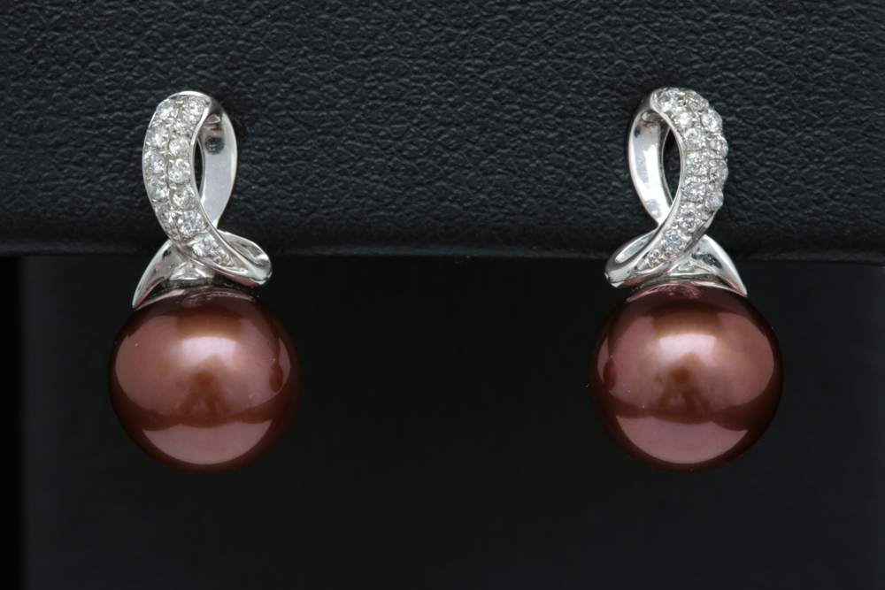 14K White Gold, Brown Freshwater Pearl and Diamond Drop Earrings