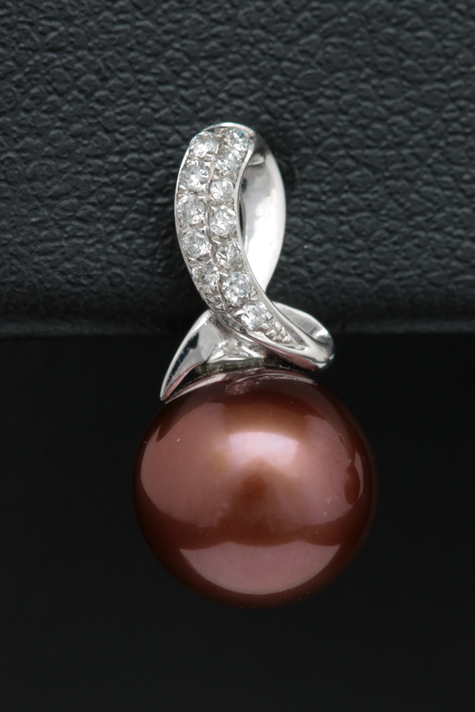 14K White Gold, Brown Freshwater Pearl and Diamond Drop Earrings