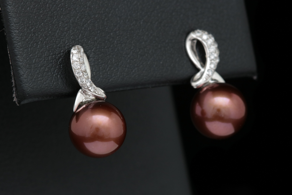 14K White Gold, Brown Freshwater Pearl and Diamond Drop Earrings
