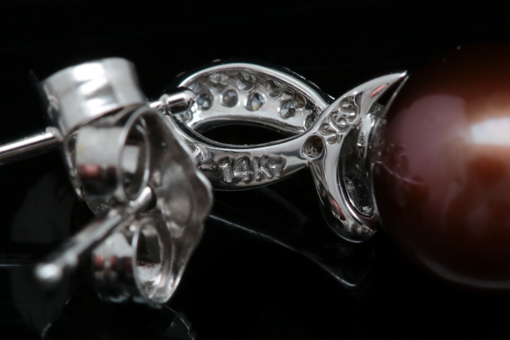 14K White Gold, Brown Freshwater Pearl and Diamond Drop Earrings