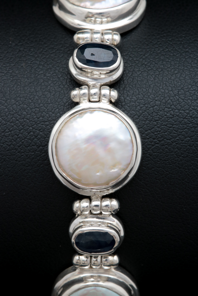 Sterling SIlver, Mabé Pearl and Blue Sapphire Bracelet