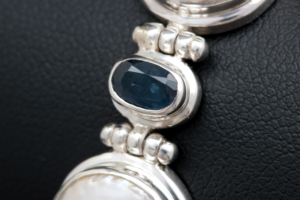 Sterling SIlver, Mabé Pearl and Blue Sapphire Bracelet