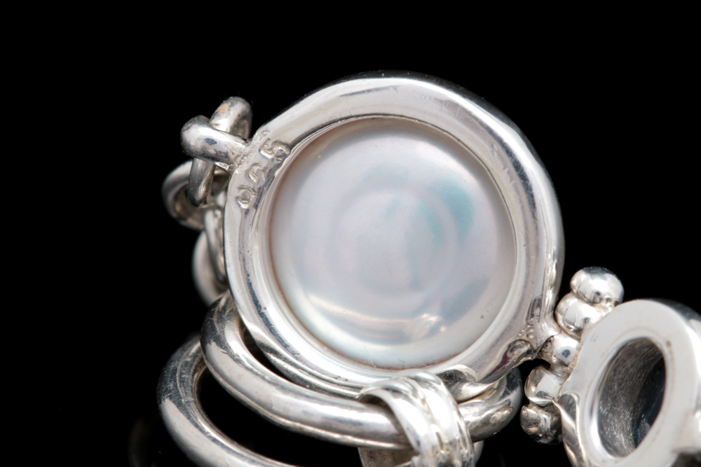 Sterling SIlver, Mabé Pearl and Blue Sapphire Bracelet