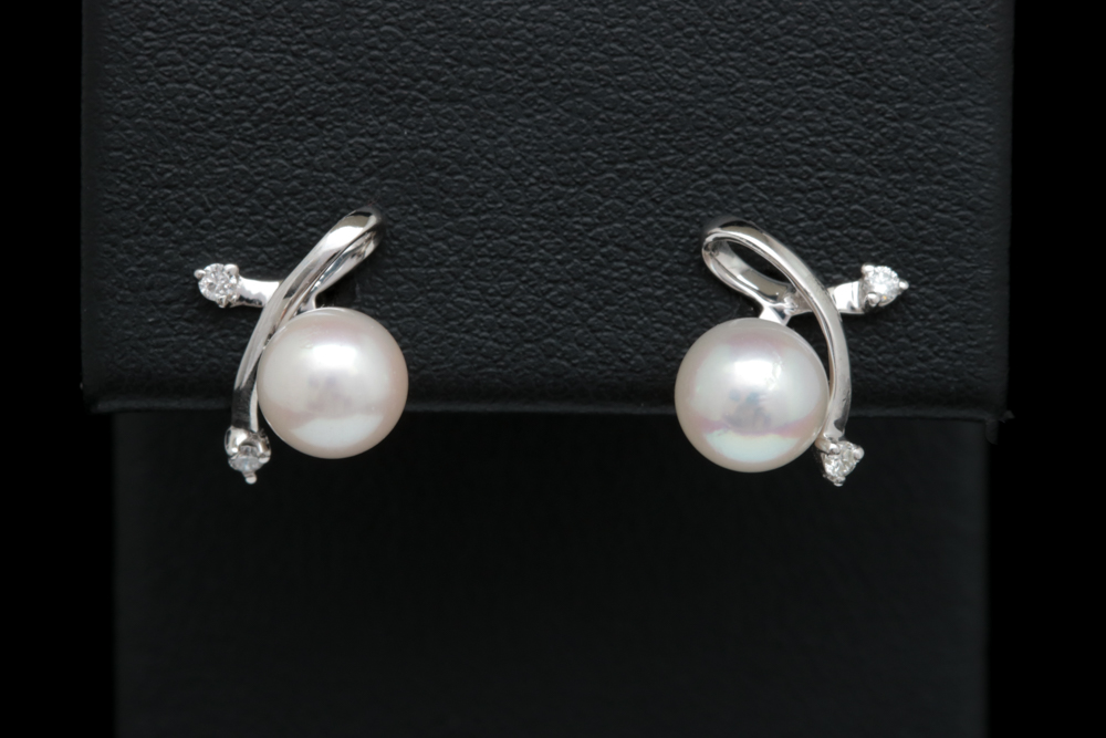 14K White Gold, Akoya Pearl and Diamond Earrings