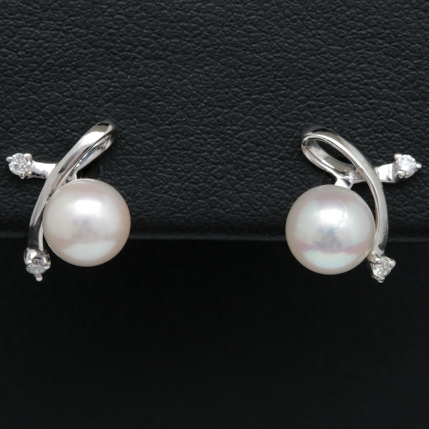 14K White Gold, Akoya Pearl and Diamond Earrings