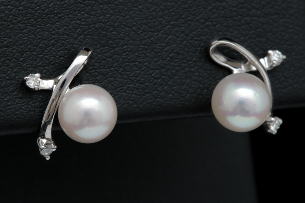 14K White Gold, Akoya Pearl and Diamond Earrings