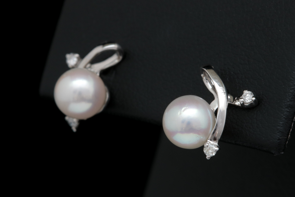 14K White Gold, Akoya Pearl and Diamond Earrings