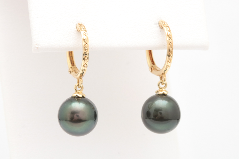 14K Yellow Gold and Black Freshwater Pearl Charm Earrings
