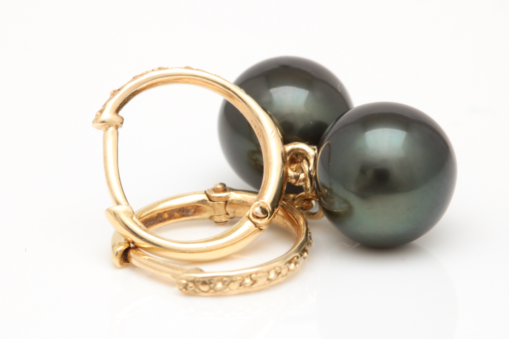 14K Yellow Gold and Black Freshwater Pearl Charm Earrings