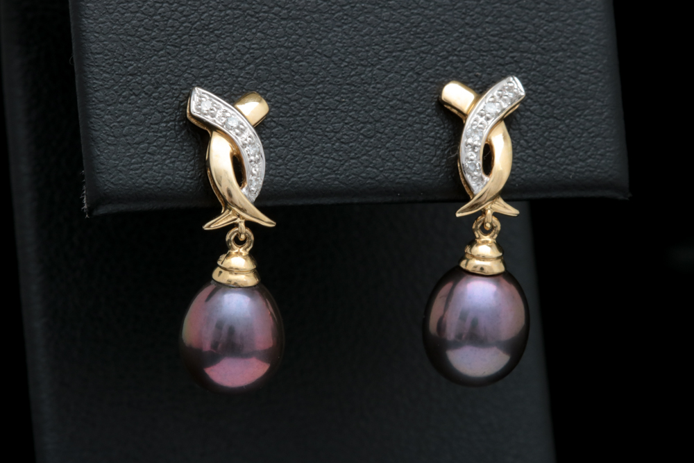 14K Yellow Gold, Black Freshwater Pearl and Diamond Drop Earrings