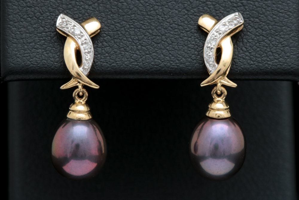 14K Yellow Gold, Black Freshwater Pearl and Diamond Drop Earrings