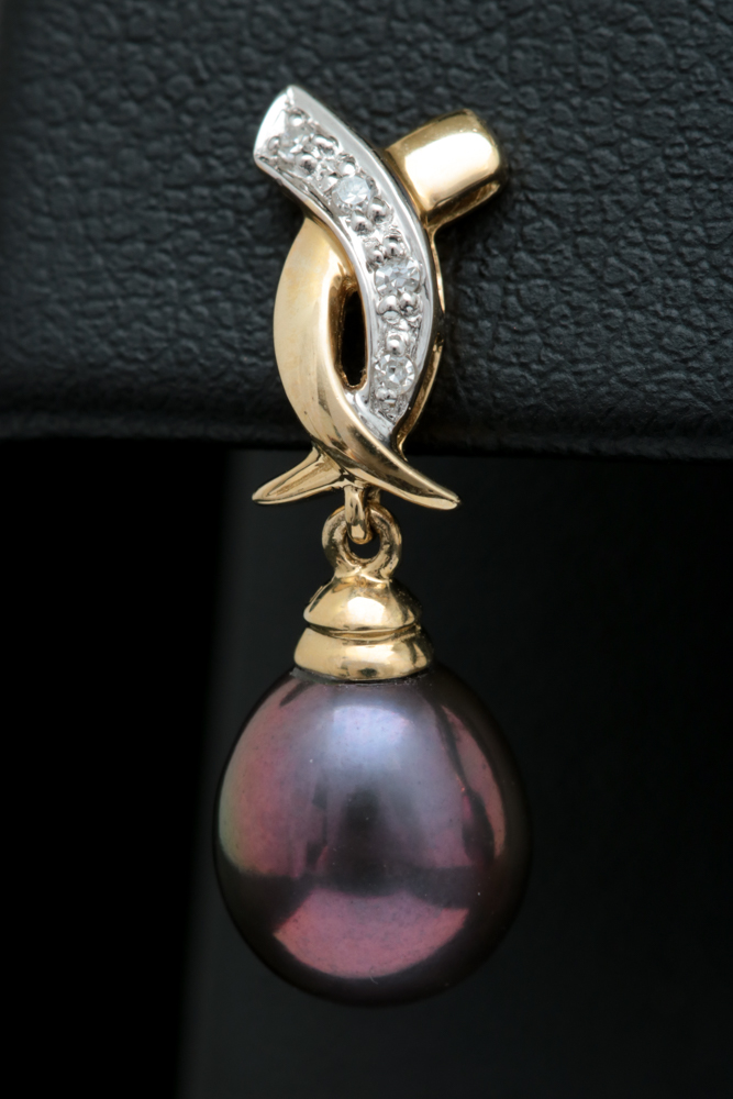 14K Yellow Gold, Black Freshwater Pearl and Diamond Drop Earrings