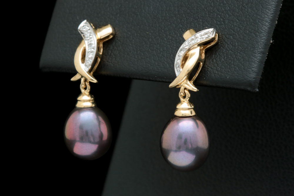 14K Yellow Gold, Black Freshwater Pearl and Diamond Drop Earrings