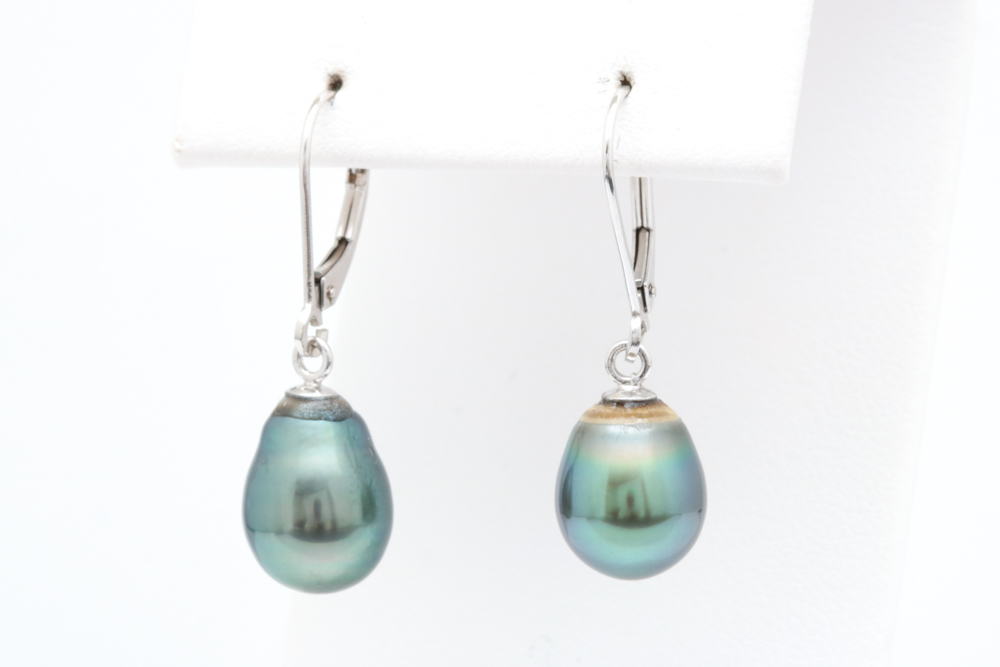 14K White Gold and Black Baroque Pearl Dangle Earrings