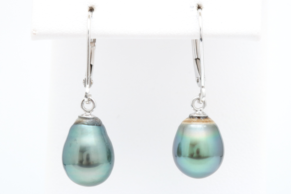 14K White Gold and Black Baroque Pearl Dangle Earrings