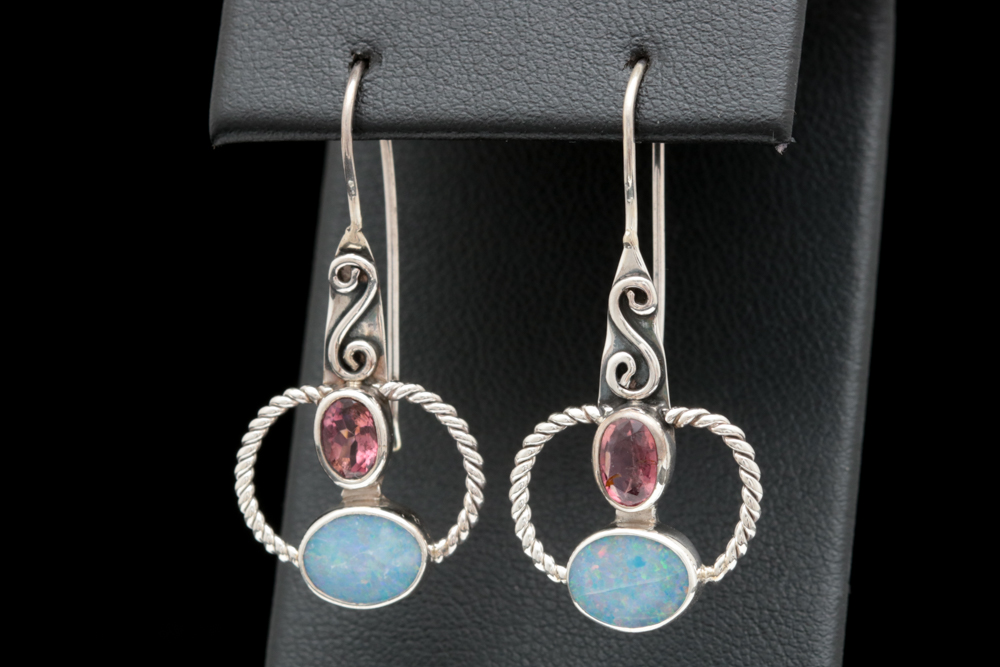 PRIORITY-Sterling Silver, Opal Doublet and Pink Tourmaline Drop Earrings