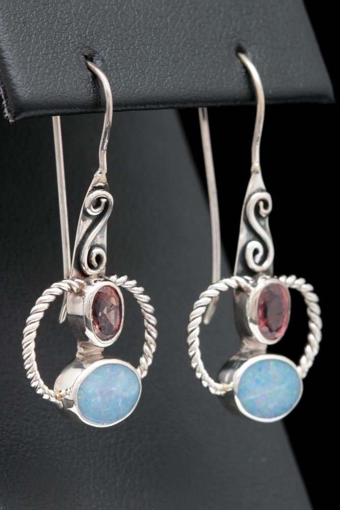 PRIORITY-Sterling Silver, Opal Doublet and Pink Tourmaline Drop Earrings