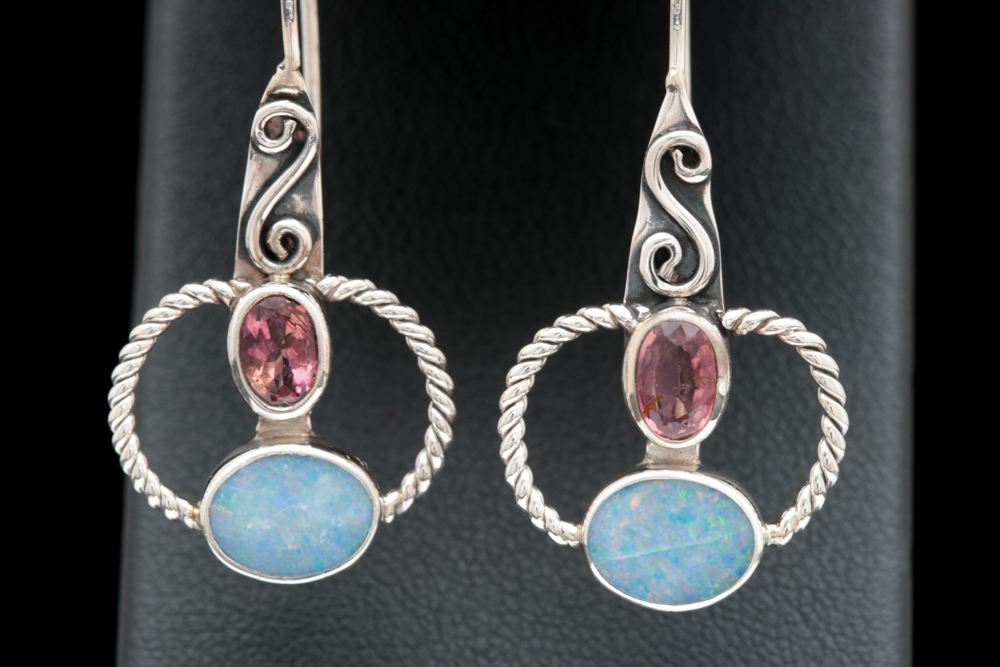 PRIORITY-Sterling Silver, Opal Doublet and Pink Tourmaline Drop Earrings