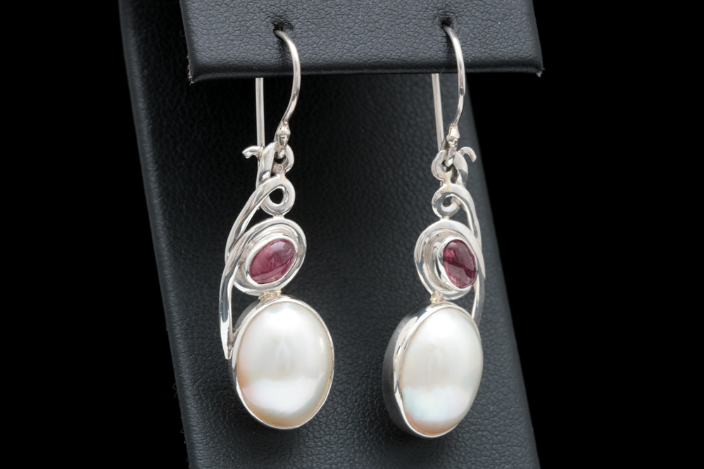 Sterling Silver, Mabé Pearl and Pink Tourmaline Dangle Earrings