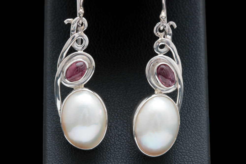 Sterling Silver, Mabé Pearl and Pink Tourmaline Dangle Earrings