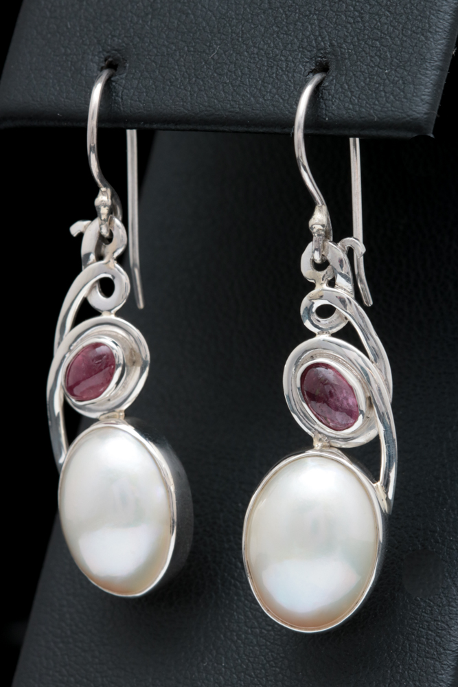 Sterling Silver, Mabé Pearl and Pink Tourmaline Dangle Earrings