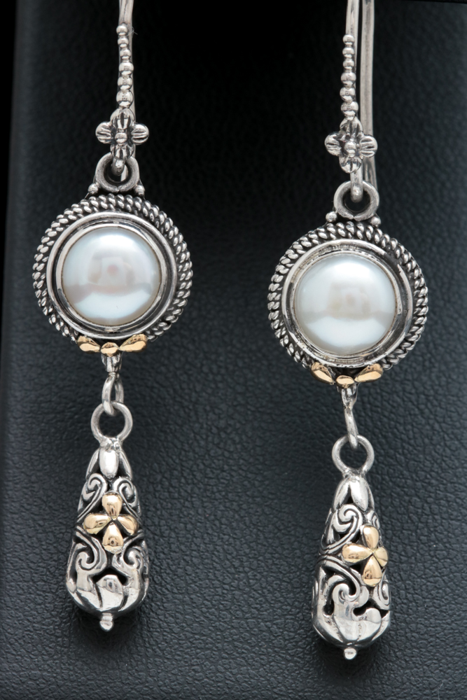 Sterling Silver, 18K Yellow Gold and Freshwater Pearl Dangle Earrings