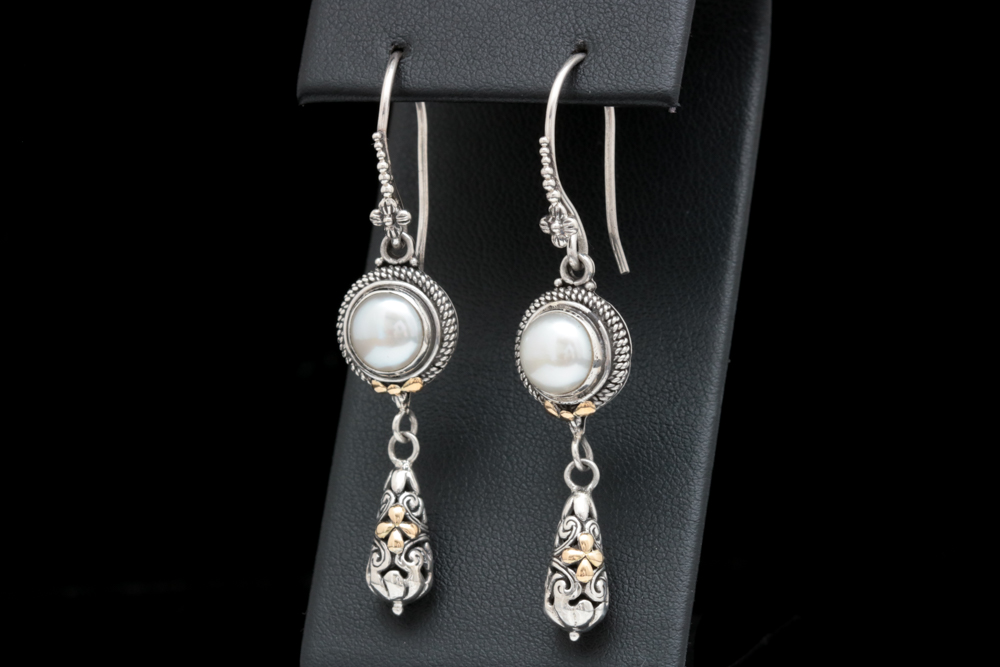 Sterling Silver, 18K Yellow Gold and Freshwater Pearl Dangle Earrings