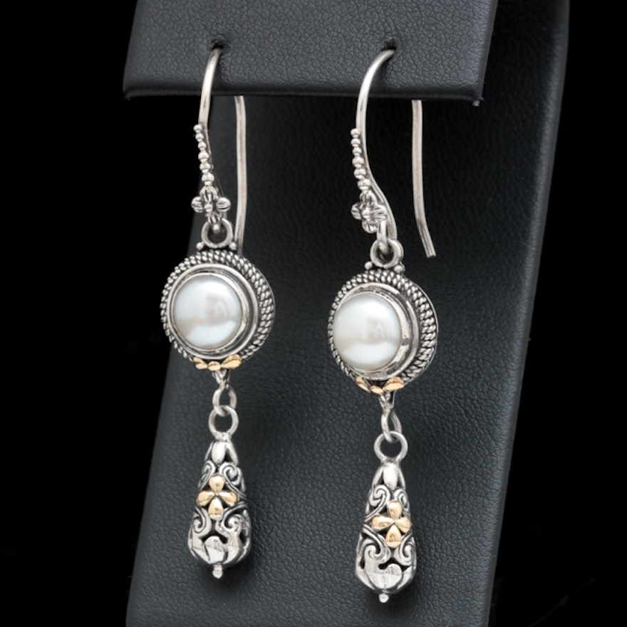 Sterling Silver, 18K Yellow Gold and Freshwater Pearl Dangle Earrings