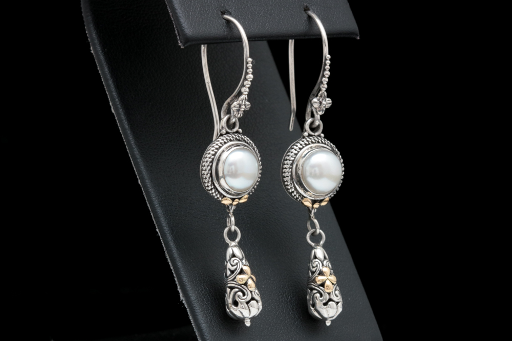 Sterling Silver, 18K Yellow Gold and Freshwater Pearl Dangle Earrings