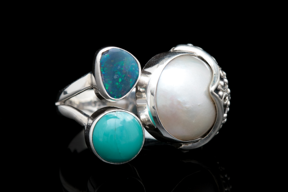 Sterling Silver, Mabé Pearl, Turquoise and Opal Doublet Ring