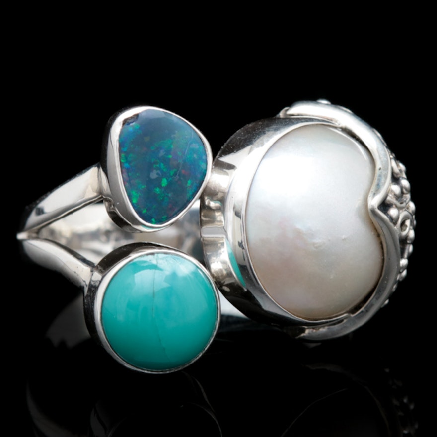 Sterling Silver, Mabé Pearl, Turquoise and Opal Doublet Ring