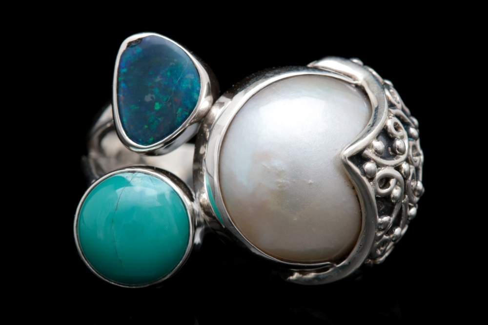Sterling Silver, Mabé Pearl, Turquoise and Opal Doublet Ring