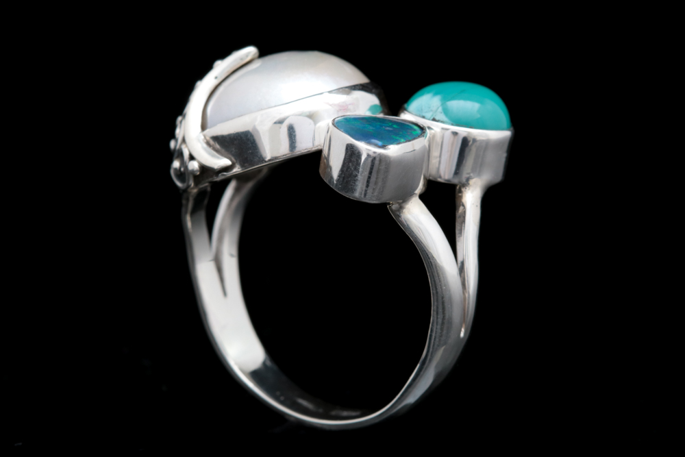 Sterling Silver, Mabé Pearl, Turquoise and Opal Doublet Ring