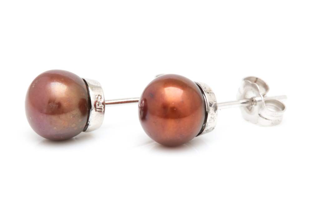 Sterling Silver and Brown Pearl Stud Earrings