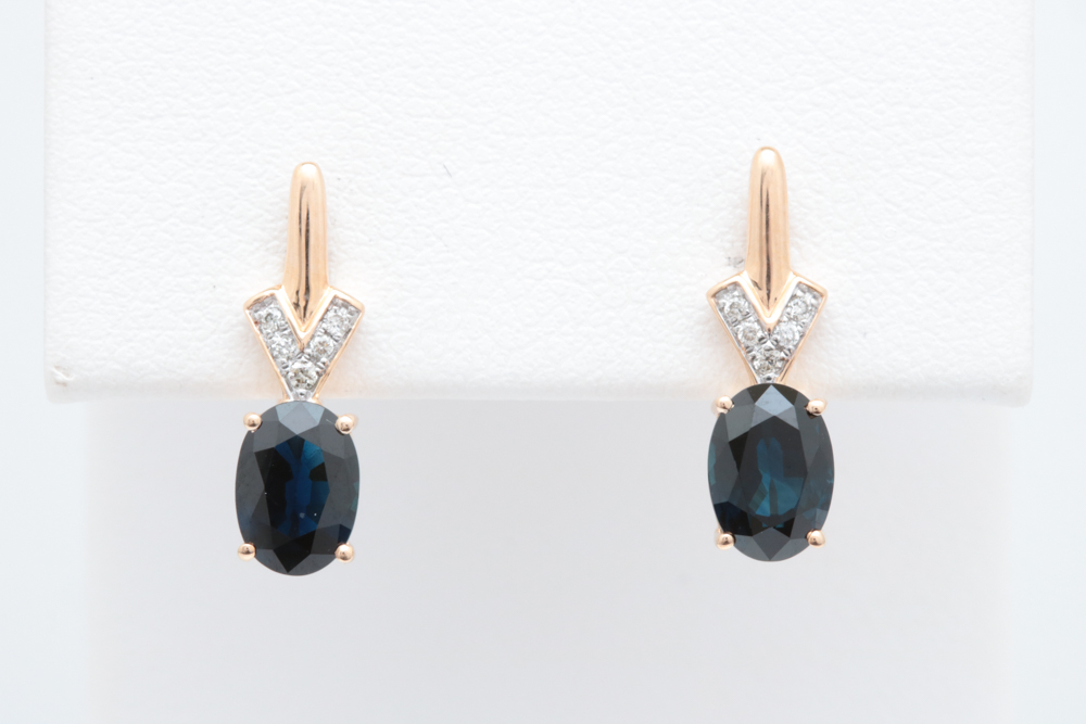 14K Rose Gold, 1.87 CTW Blue Sapphire and Diamond Drop Earrings
