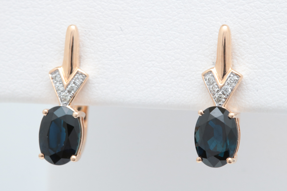 14K Rose Gold, 1.87 CTW Blue Sapphire and Diamond Drop Earrings