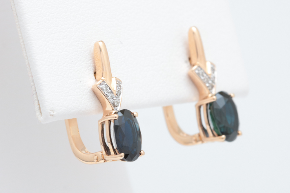 14K Rose Gold, 1.87 CTW Blue Sapphire and Diamond Drop Earrings