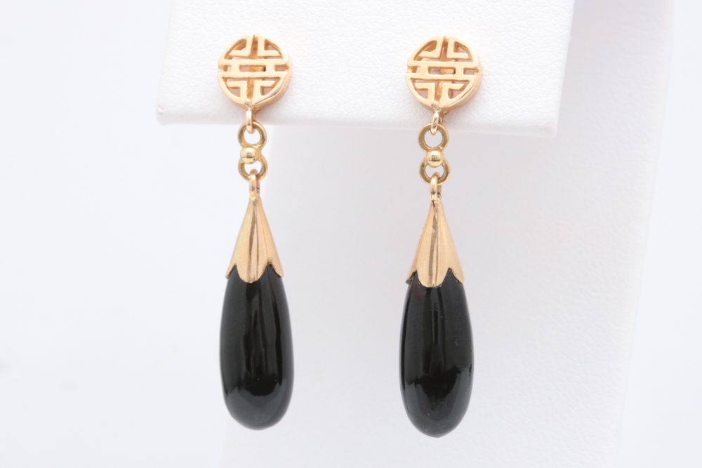 14K Yellow Gold and Black Jadeite Dangle Earrings