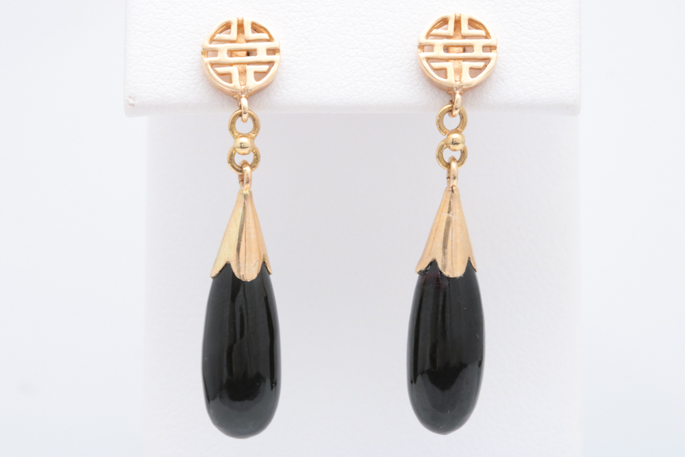 14K Yellow Gold and Black Jadeite Dangle Earrings