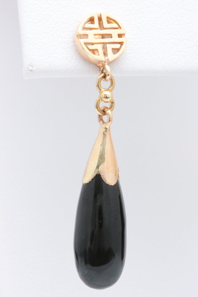 14K Yellow Gold and Black Jadeite Dangle Earrings